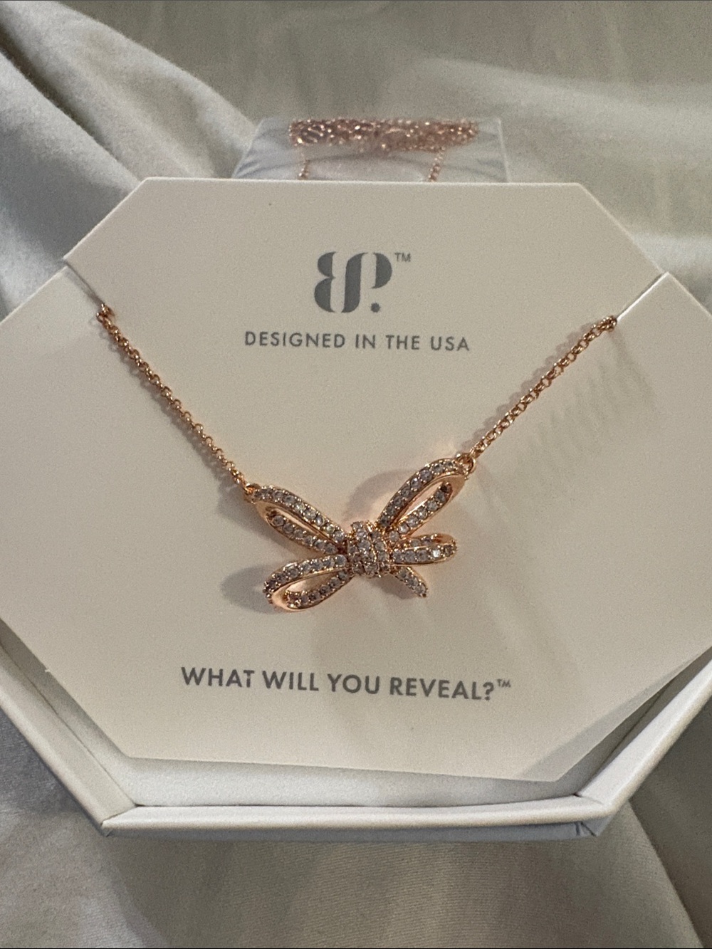 Rose Gold Bow Pendant Necklace with Pavé Crystals